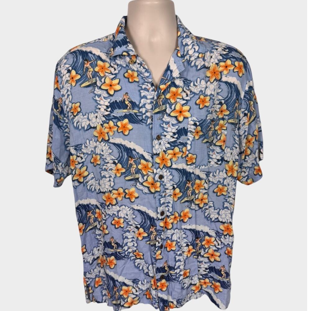 Joe Marlin Mens Large Cotton Rayon Blue Floral Surf Short Sleeve Button Shirt